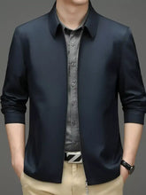 Men’s plus size dark navy blue long sleeve jacket with sleek lightweight fabric and subtle sheen zip up design