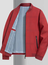 Men plus size long sleeve red bomber jacket with zip up front and striped gray and white interior lining