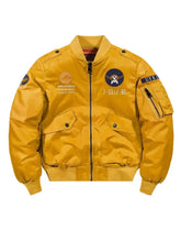 Men’s plus size zip up long sleeve jacket in yellow with aviation-themed patches and zipped pockets