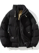 Men’s plus size zip black puffer jacket with ribbed texture, hood drawstrings, zipper closures, and long sleeves