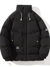 Men’s plus size zip up long sleeve black puffer jacket with corduroy texture, high collar, and white hood drawstrings