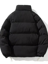 Black corduroy plus size zip up long sleeve puffer jacket with high collar and horizontal stitching for men
