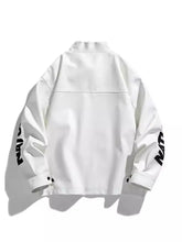 Men’s plus size white faux leather racing leather jacket with black lettering on sleeves zip up style