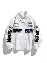 Men’s plus size white racing leather jacket with bold black motor racing graphics and nature text on sleeves