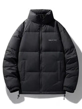 Men’s plus size zip up padded puffer jacket in black with quilted panels high collar and game on start embroidery