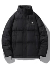 Men’s plus size black quilted padded puffer jacket with high collar and subtle white logo on left chest