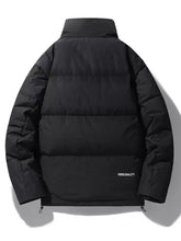 Men’s plus size black padded puffer jacket with quilted panels and personality embroidered on the back side