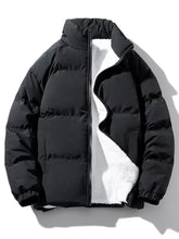 Men’s plus size black sherpa lined puffer jacket with plush white fleece lining and quilted design zip up front