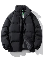 Men’s plus size zip up stand collar puffer jacket in black with quilted design and high collar for warmth