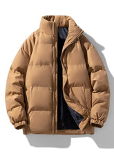 Men’s tan plus size zip stand collar puffer jacket with high collar and elastic cuffs for cold weather wear