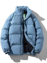 Men’s plus size zip up stand collar puffer jacket in light blue with quilted design and elastic cuffs