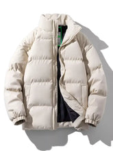 Cream-colored men’s plus size zip up stand collar puffer jacket with quilted design and high collar