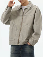 Beige plus size men’s trucker jacket with zip front, collar, and two large patch pockets