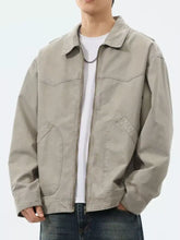 Beige plus size men’s trucker jacket with zipper front, collar, and two chest pockets in utility style