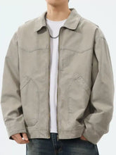 Beige plus size men’s zip-up trucker jacket with zipper front and flap-over chest and hand pockets