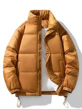 Men plus size zip up winter puffer jacket in warm mustard yellow with quilted design and ribbed cuffs