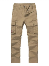 Mens pocketed pants: khaki cargo style with multiple pockets