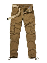 Mens pocketed pants in brown cargo style with belt