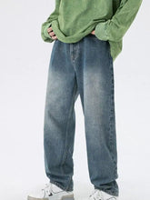 Men’s washed blue denim pocketed wide leg jeans with a relaxed fit and subtle fading