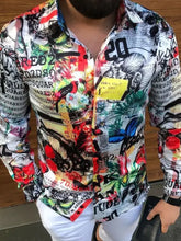 Men’s printed collared neck long sleeve shirt with vibrant abstract multicolor design
