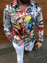 Men’s printed collared neck long sleeve shirt with abstract multicolor design