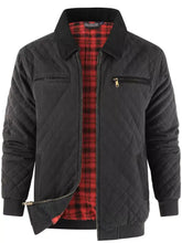 Men quilted black bomber jacket with red and black plaid lining and collared neck for stylish outerwear