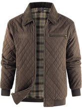 Men quilted brown collared neck jacket with plaid lining and ribbed cuffs for stylish cold weather wear