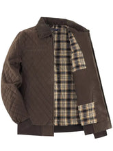 Brown men quilted collared neck jacket featuring plaid lining for stylish warmth and comfort
