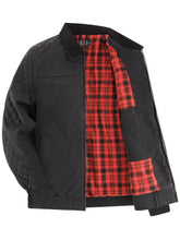 Men quilted collared neck jacket in black with red and black plaid lining for stylish cold weather wear