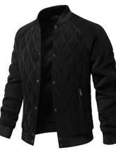 Men’s black quilted snap long sleeve jacket with ribbed collar and cuffs in bomber style for casual wear