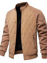 Men’s tan quilted snap down long sleeve jacket with soft suede-like texture and black inner lining