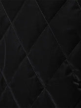 Men’s black quilted snap long sleeve jacket featuring diamond pattern stitching in matching thread