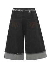 Mens raw hem denim Bermuda shorts with contrast cuffs and distressed details