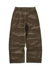 Men’s relaxed fit cargo jeans in olive green glossy fabric with reinforced stitching and metallic button accents