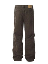 Dark brown denim relaxed fit jeans showing the back side with two pockets for mens casual wear