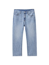 Men’s relaxed fit straight leg light-wash denim jeans with classic five-pocket design and straight-leg cut