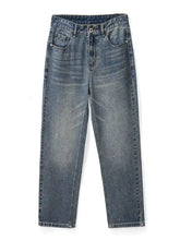 A pair of men’s relaxed fit vintage wash dark-wash denim jeans with straight-leg cut and classic five-pocket design