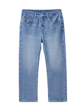 Men’s relaxed fit wash jeans in light-wash blue denim with a straight-leg cut and classic five-pocket design