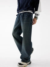 Men’s relaxed fit washed dark-wash denim jeans with a wide-leg cut and visible stitching details