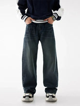 Men’s relaxed fit washed dark-wash denim jeans with a wide-leg cut and subtle fading details