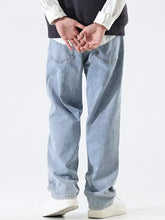 Men’s light-wash denim wide leg jeans with a relaxed straight-leg cut for comfortable casual wear