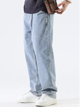 Men’s relaxed fit wide leg jeans in light-wash denim with a relaxed straight-leg cut and visible stitching