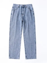 Men’s relaxed fit wide leg jeans in light-wash denim with a straight-leg cut and classic five-pocket design