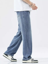 Men’s relaxed fit wide leg vintage wash jeans in light-wash blue denim with a straight-leg cut