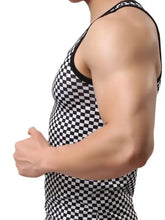 Mens round neck checkered tank top with black and white squares