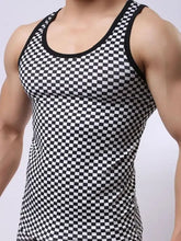 Mens round neck checkered tank top in black and white with ribbed edges