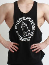 Mens round neck graphic tank with black sleeveless praying hands circle design