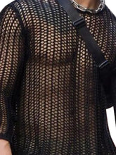 Mens round neck long sleeve mesh hollow shirt with chain necklace, plus size