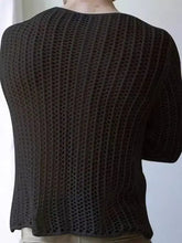 Dark brown open-knit round neck long sleeve plus size hollow shirt