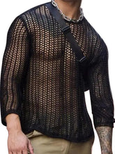 Mens round neck long sleeve black mesh hollow shirt plus size